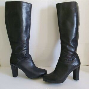Geox Respira Black Leather Below Knee Chunky Heel Boots SZ 41-10.5